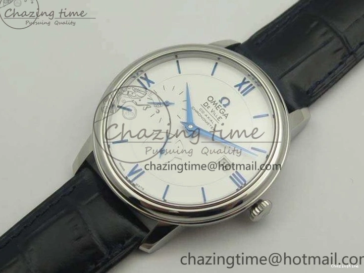 0514 Fashionable De Ville Prestige Real Power Reserve SS TW 1:1 Best Edition White Dial Blue Markers On Leather Strap A 8094